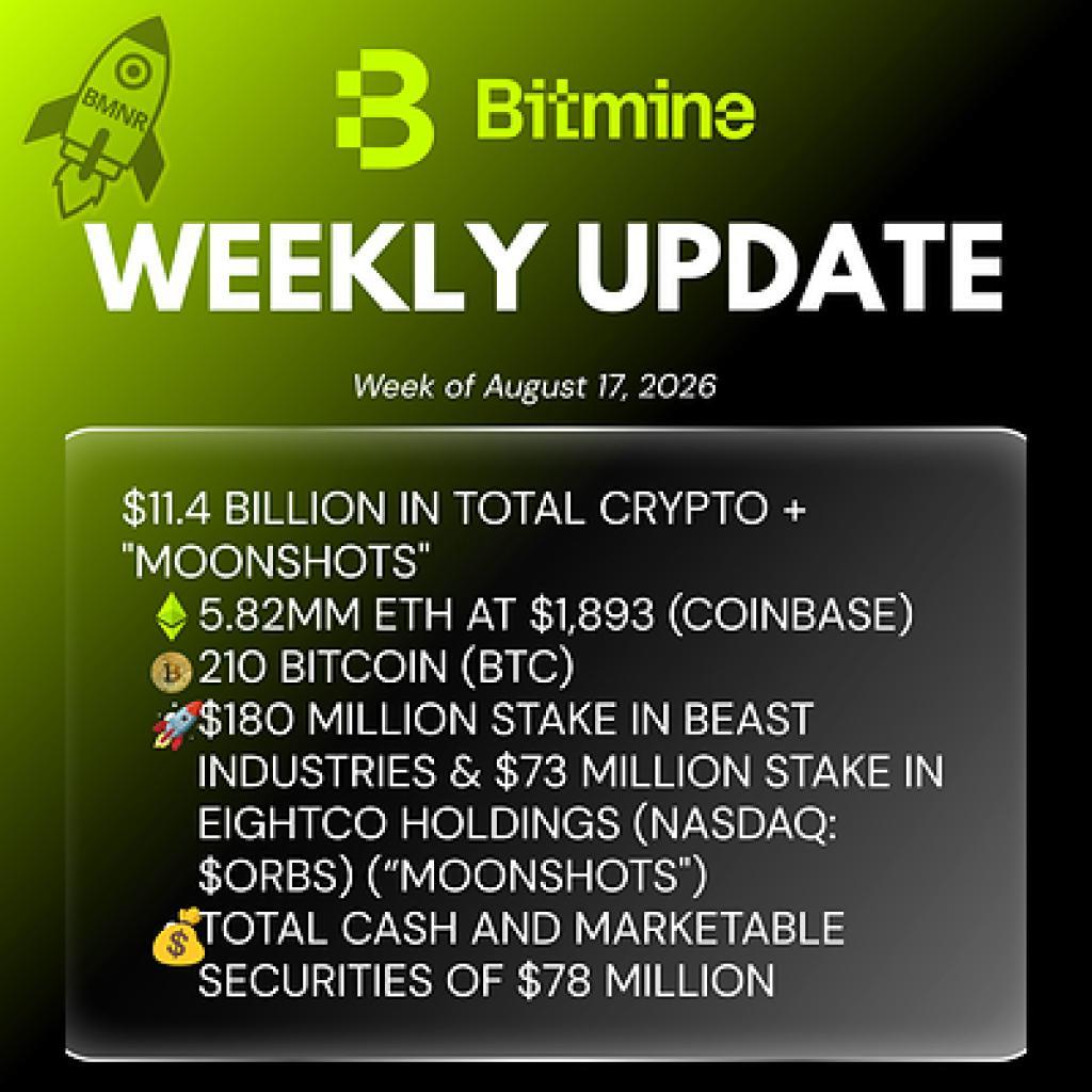 Bitmine Immersion Technologies (BMNR) Announces ETH Holdings Reach 5.82 Million Tokens, and Total Crypto and Total Cash Holdings of $11.4 Billion Bitmine Immersion Technologies (BMNR) Announces ETH Holdings Reach 5.82 Million Tokens, and Total Crypto and Total Cash Holdings of $11.4 Billion