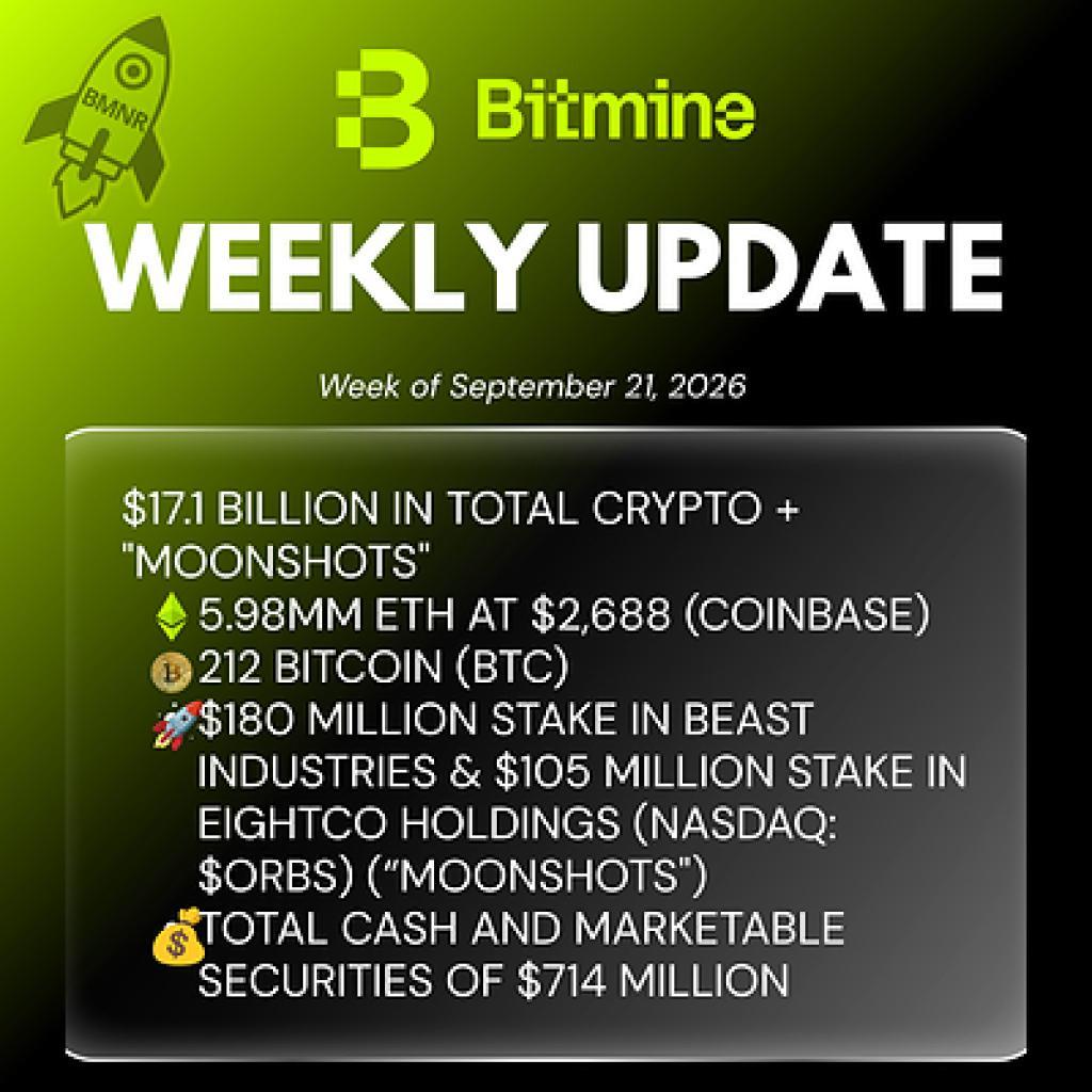 Bitmine Immersion Technologies (BMNR) Announces ETH Holdings Reach 5.98 Million Tokens, and Total Crypto and Total Cash Holdings of $17.1 Billion Bitmine Immersion Technologies (BMNR) Announces ETH Holdings Reach 5.98 Million Tokens, and Total Crypto and Total Cash Holdings of $17.1 Billion